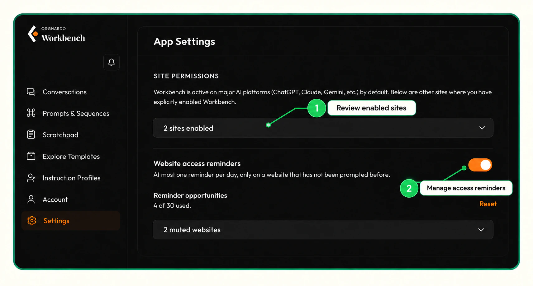 Site Permissions settings showing enabled-site review and website access reminder controls.